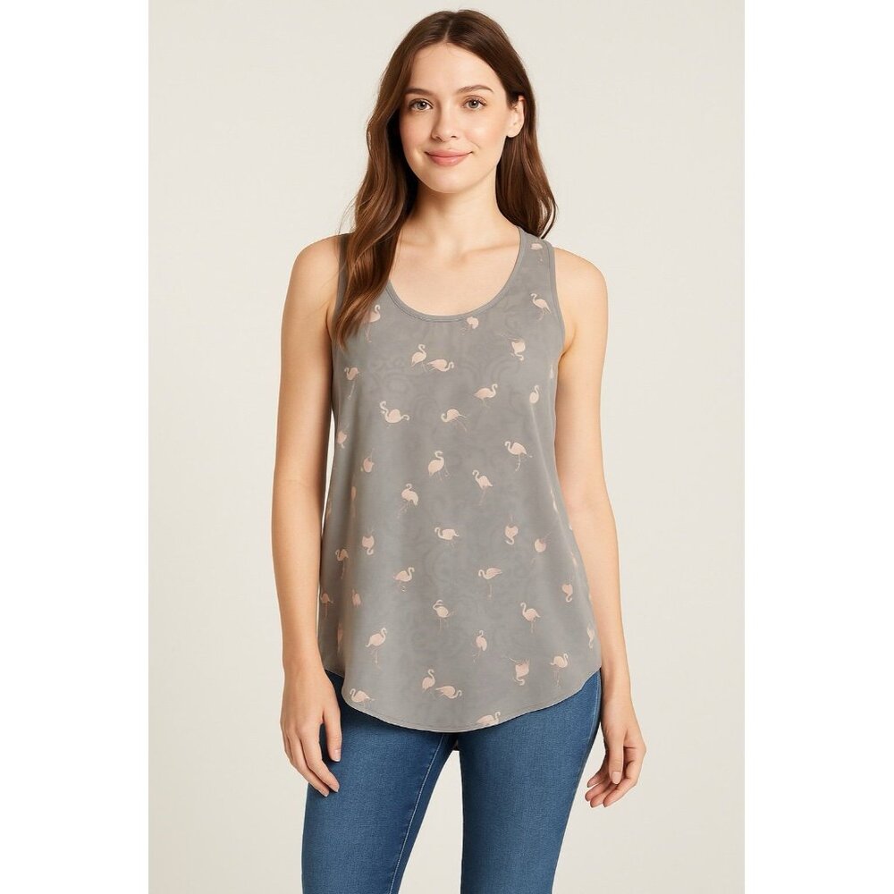 Lauren Conrad Gray Pink Flamingo Print Sheer Racerback Tank Top Size Medium